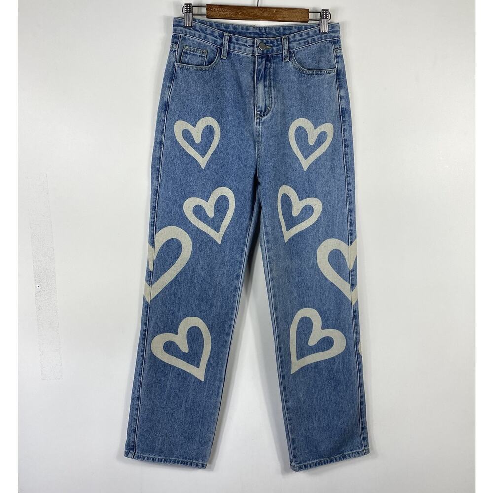Cider Jeans Medium Hearts Print Straight Leg Blue Art To Wear Festival Boho